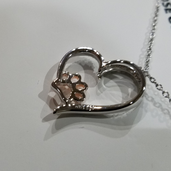 Sterling Silver Necklace Diamond Encrusted Heart & 14k Rose Gold Paw Pendant NWT - Picture 9 of 16